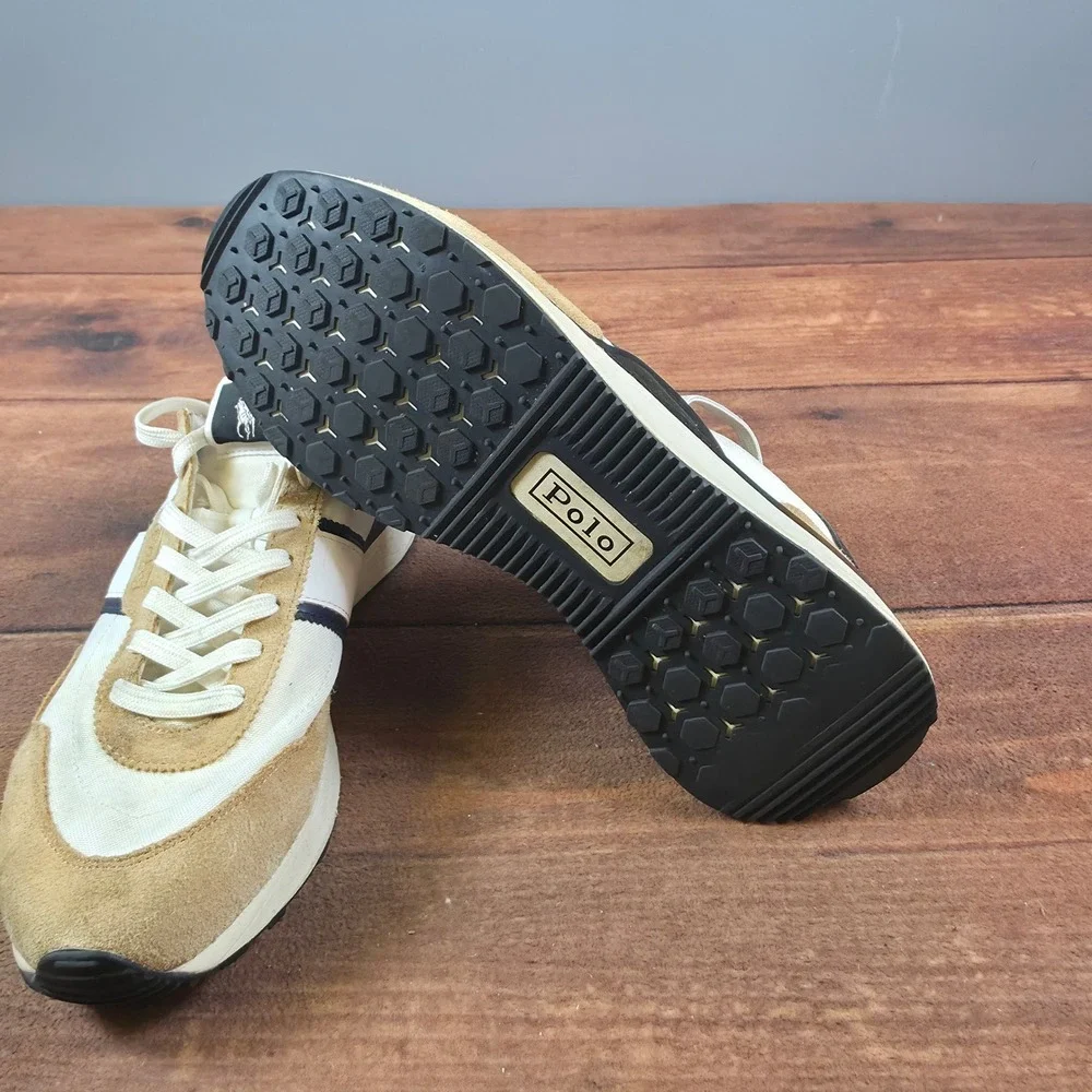 Polo Ralph Lauren Train 85 Sneaker Mens 11 Cream Tan Good Suede Nylon Runner